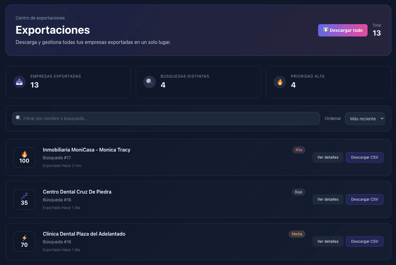 Centro de exportaciones de Opplook con opción de descarga CSV