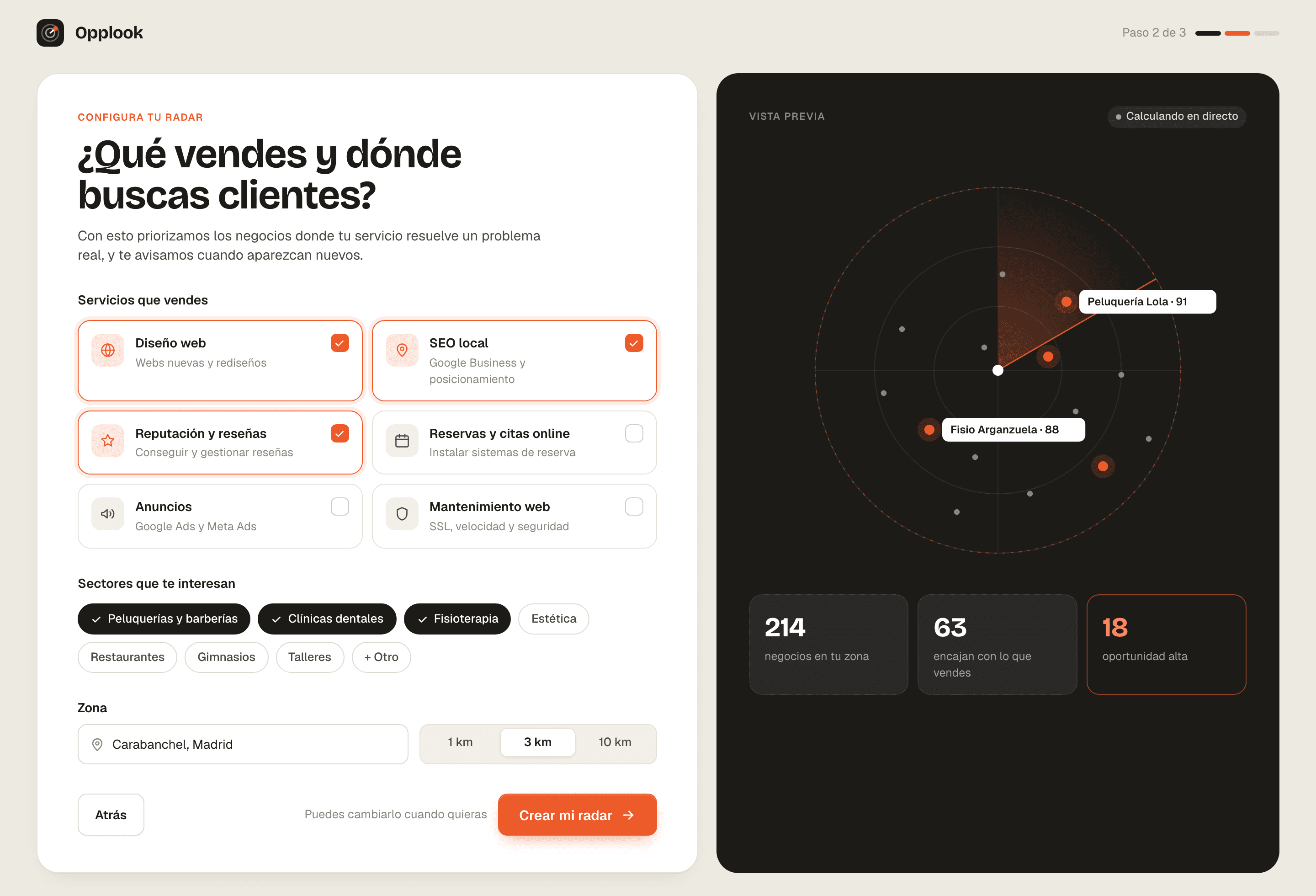 Pantalla Configura tu radar: formulario donde indicas qué vendes y dónde.